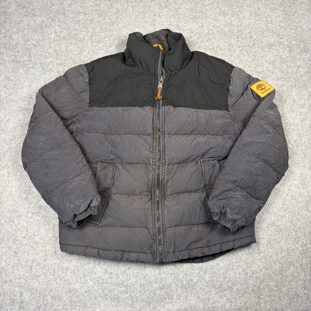 Timberland Mens Puffer Jacket Large Grey Black Full Zip Quilted Fleece Lined